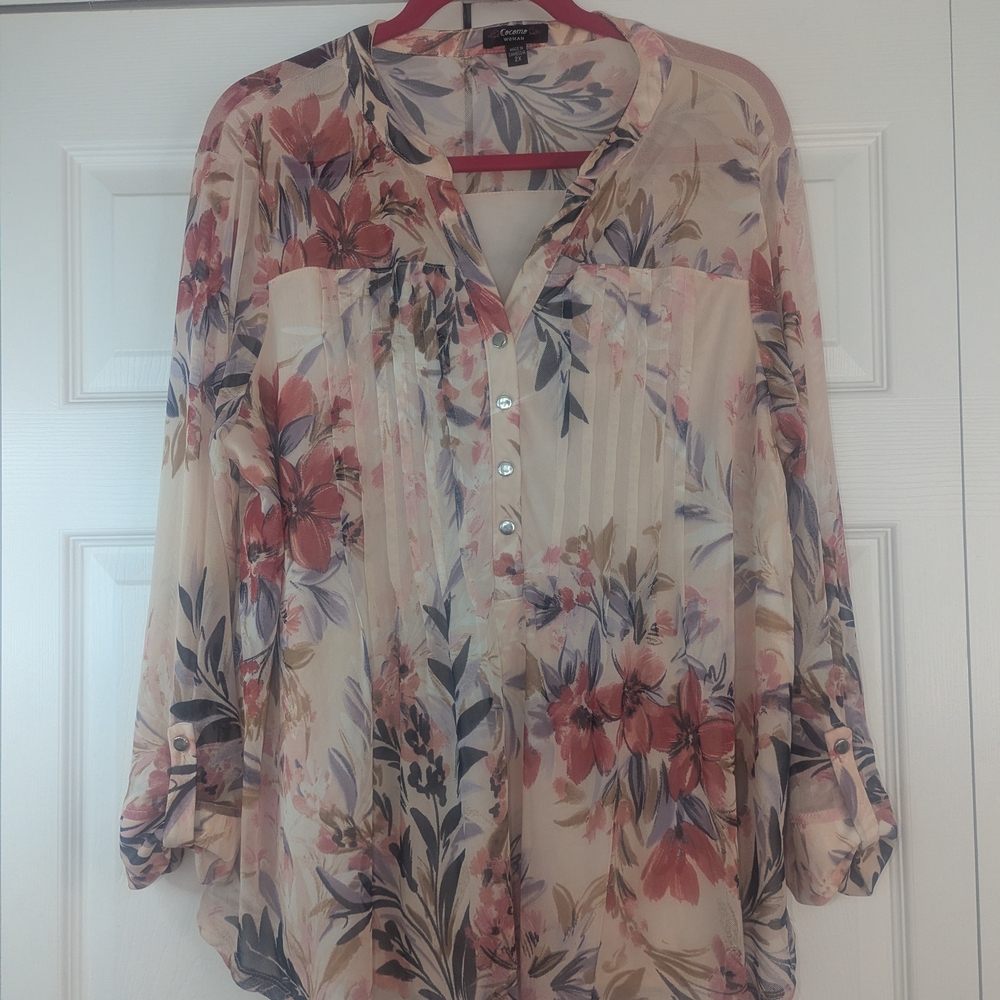 Size 2XL Stretch Georgette Multicolor Pink Floral Button-Up‎ Blouse